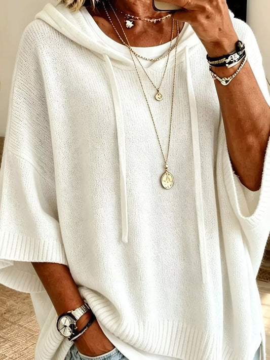 Full Size Casual Hooded Batwing Sleeve Knit Sweater Plus Size - White - View 2