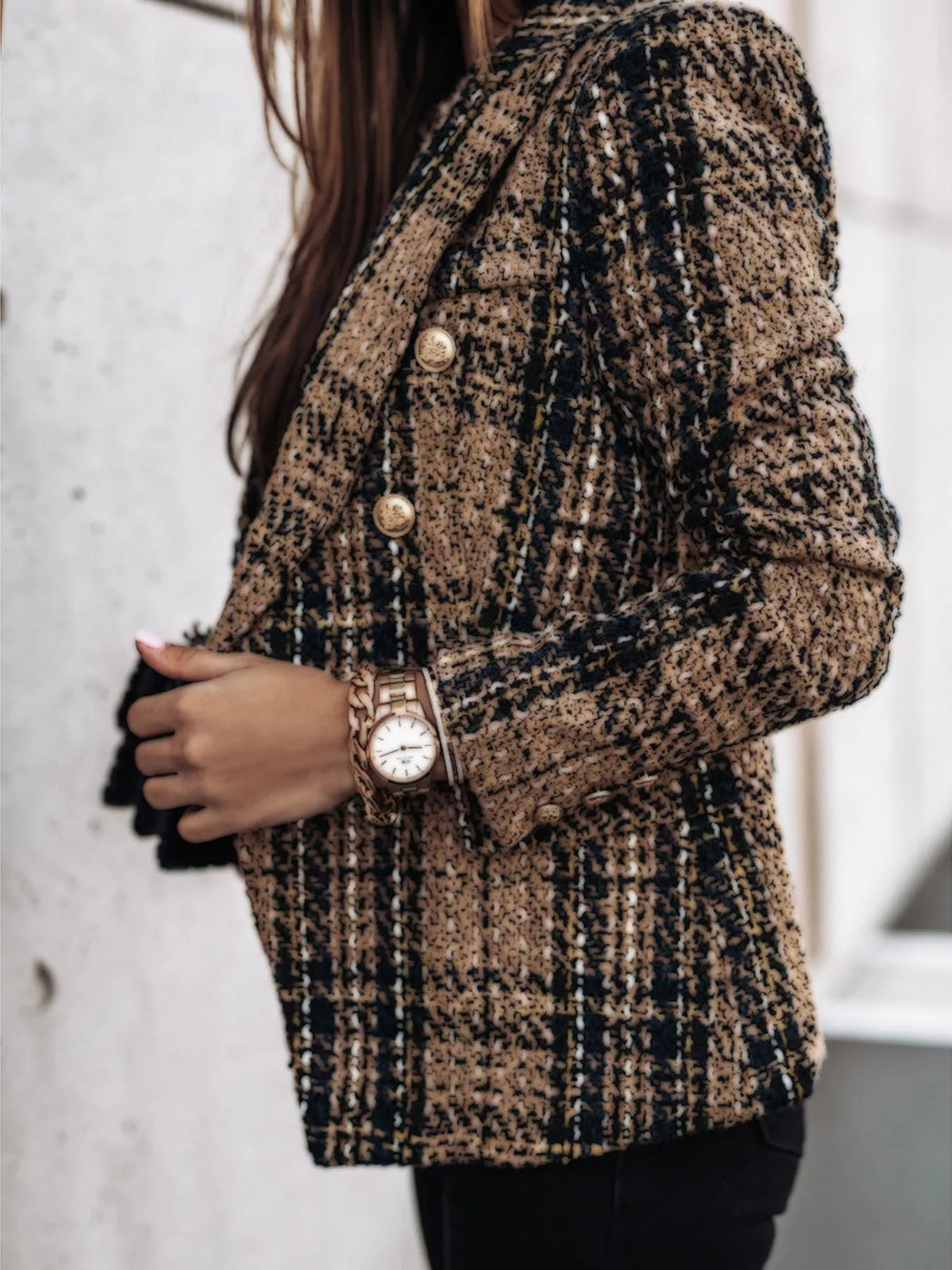 Full Size Plaid Tweed Double-Breasted Blazer Plus Size - Camel - View 2