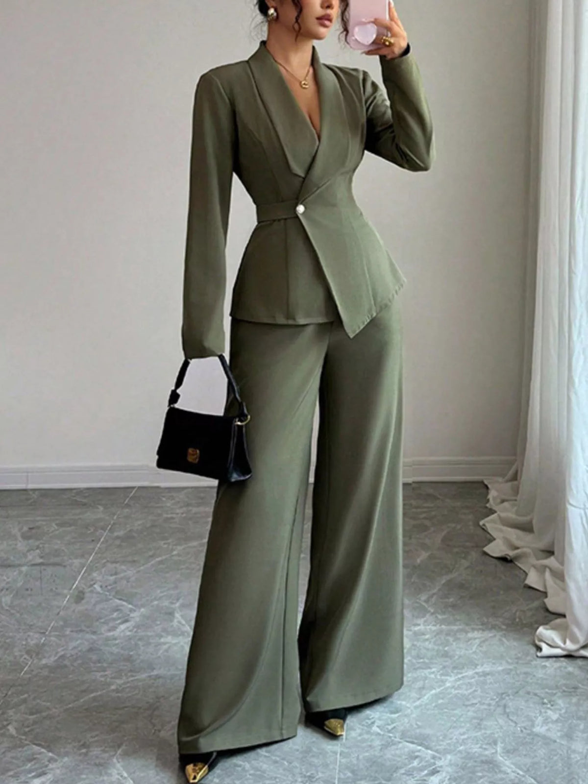 One Button Blazer and Pants Set - Green - View 10