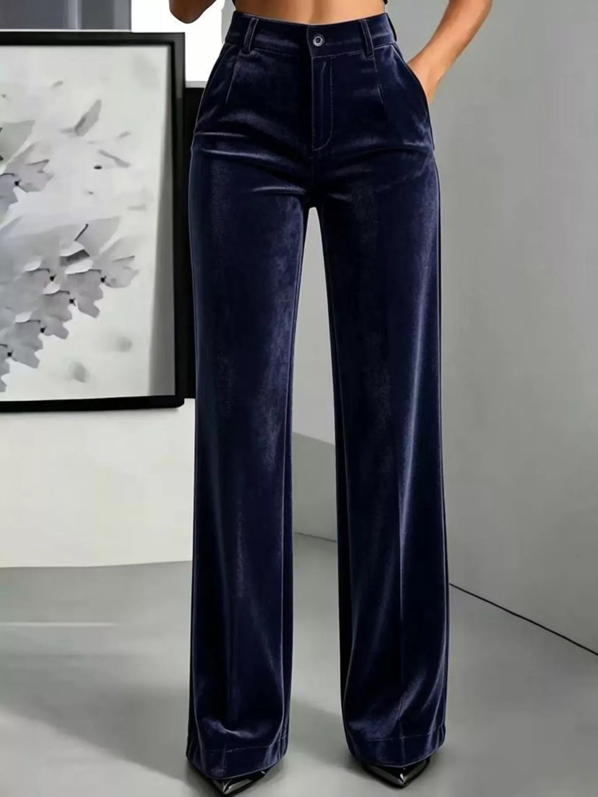 Full Size High-Waisted Velvet Pants Plus Size - Navy - View 7