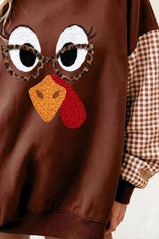 Thanksgiving Turkey Plaid Sleeve Pullover Sweatshirt - Brown - View 2