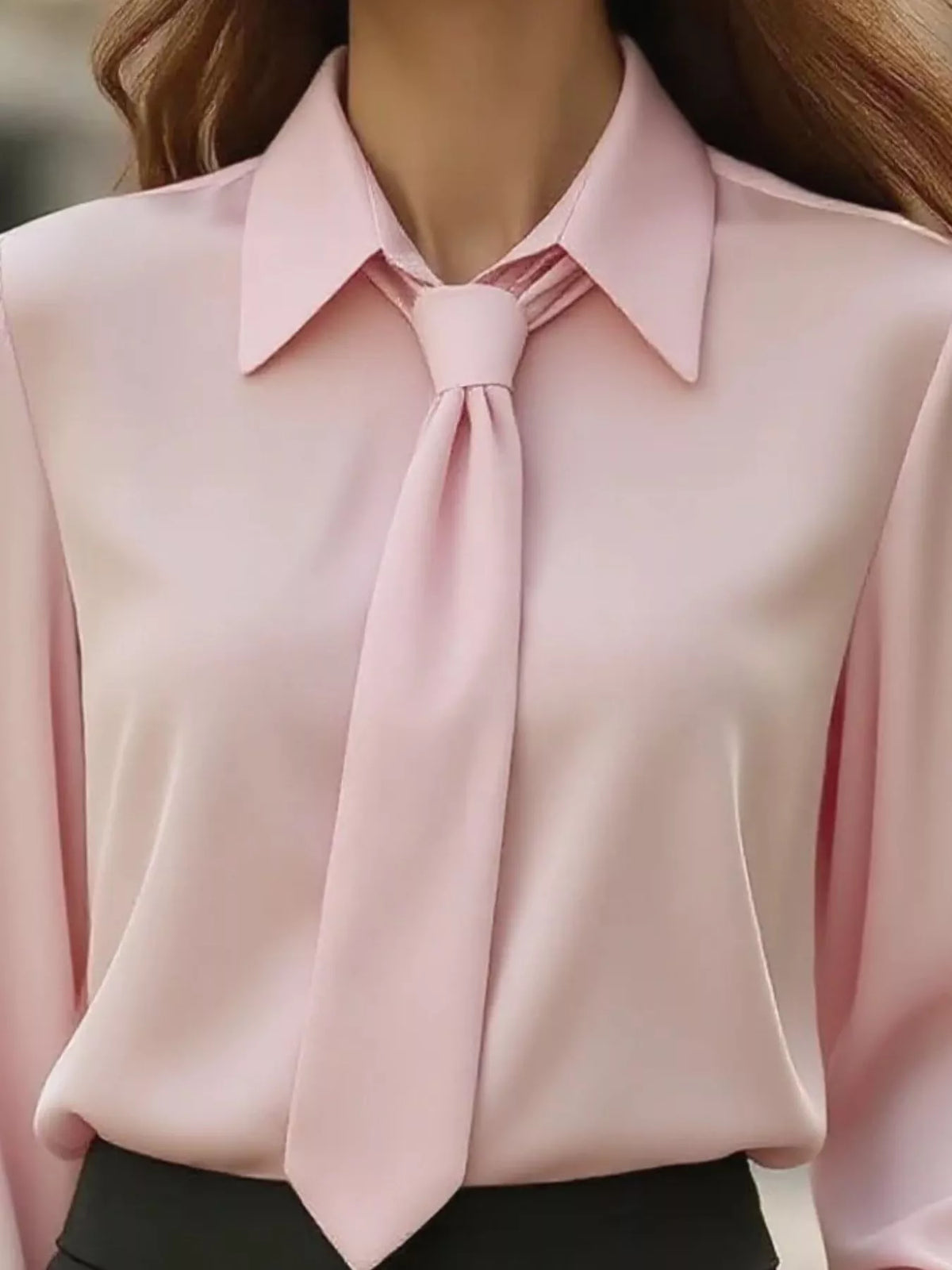 Collared Neck Long Sleeve Blouse - Pink - View 5