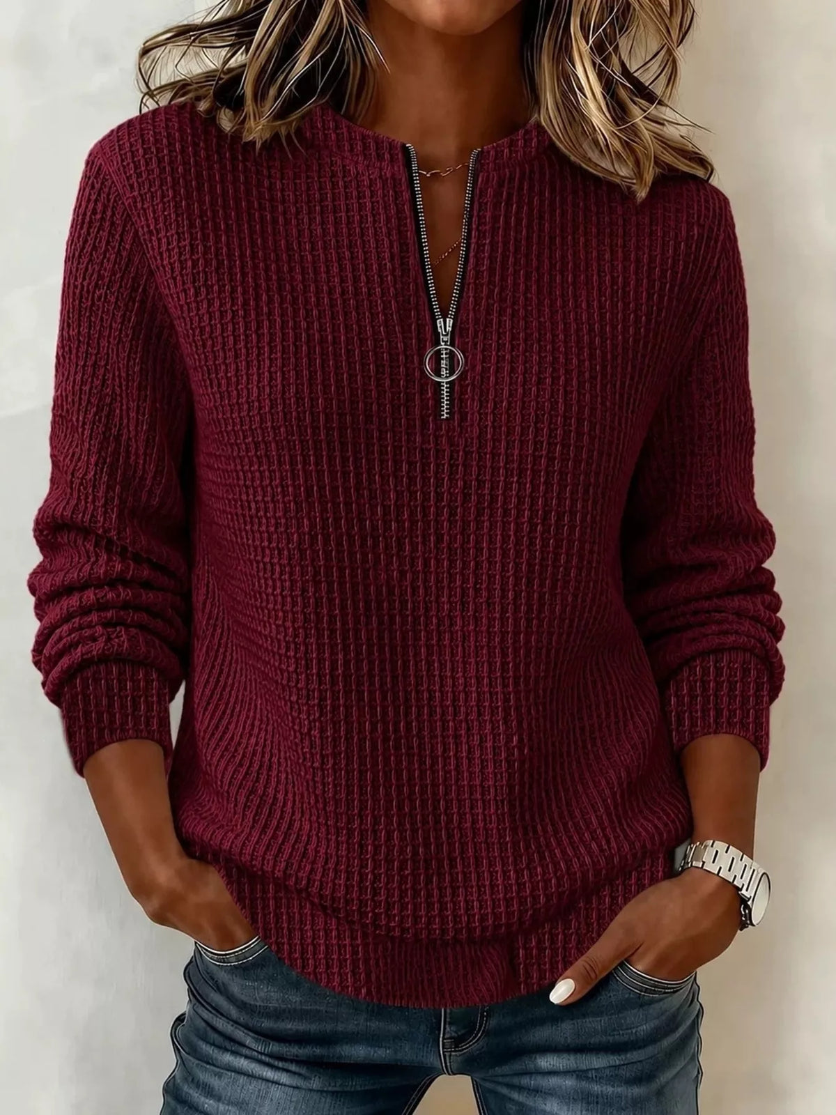 Full Size Quarter-Zip Textured Sweatshirt Plus Size - Wine Red - View 11