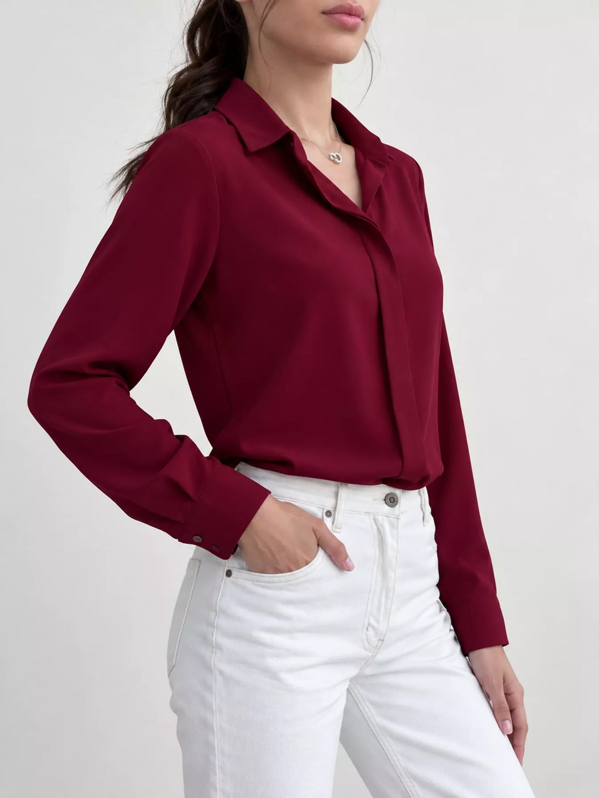 Button Up Long-Sleeve Shirt - Burgundy - View 62