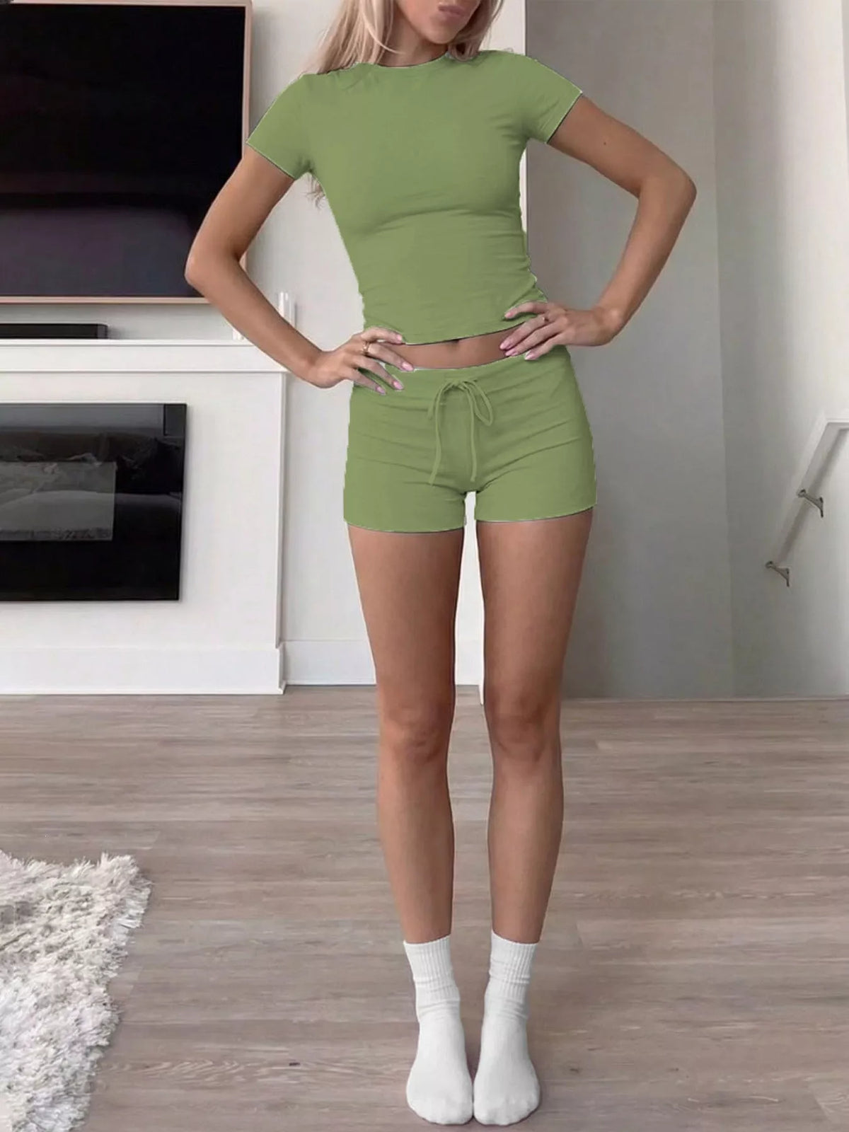 Mock Neck Crop Top and Drawstring Shorts Set - Matcha Green - View 1