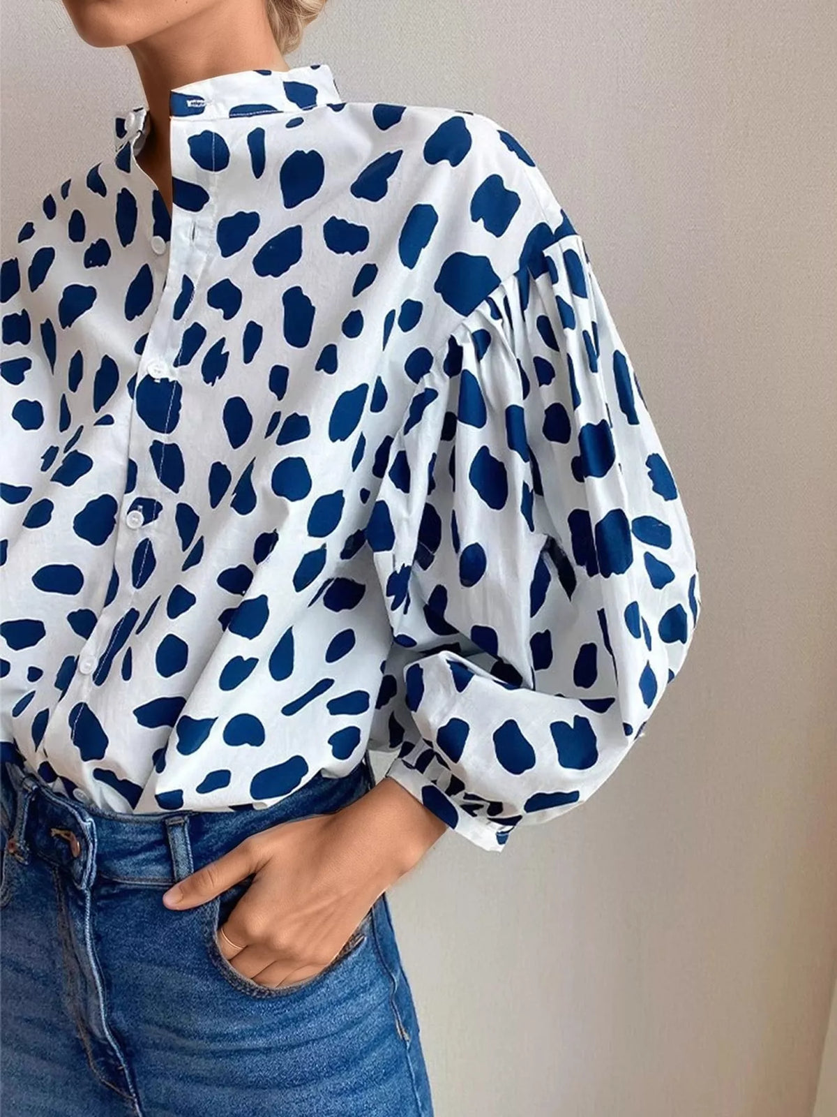 Printed Puff Sleeve Button-Down Shirt - Blue - View 3