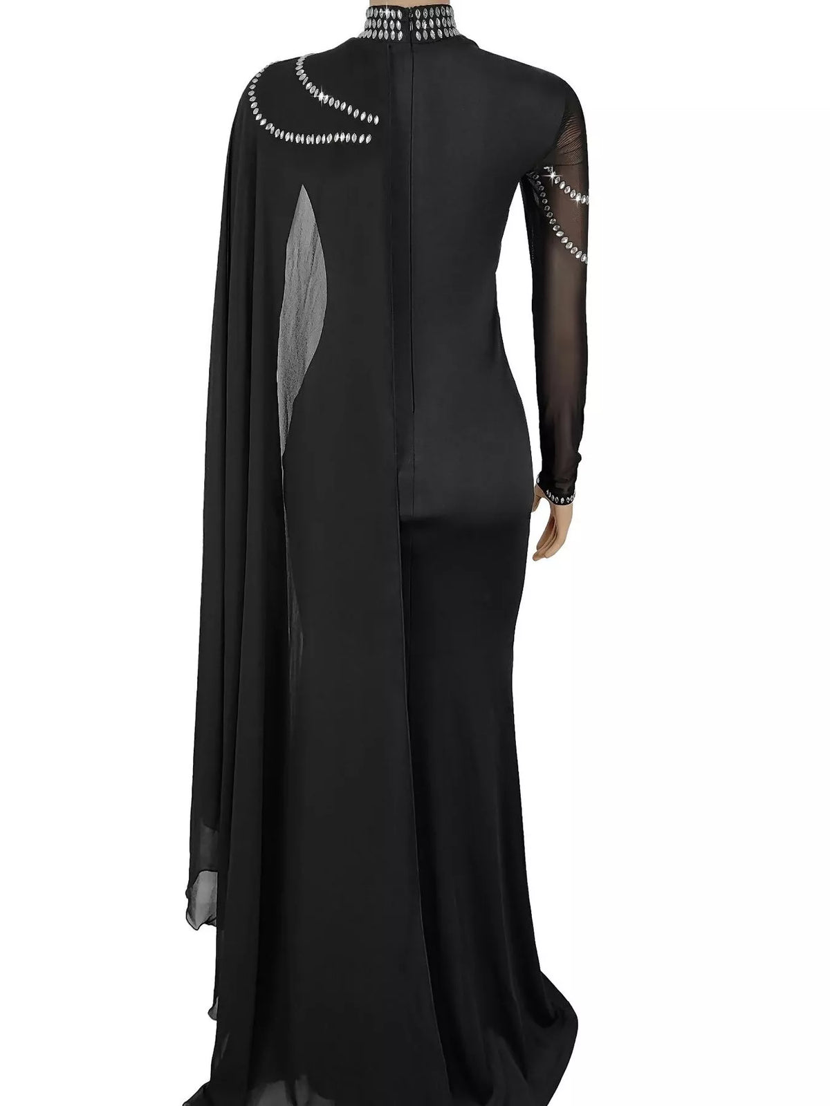 Rhinestone Slit Maxi Dress with Sheer Cape Sleeves - Silver - View 6
