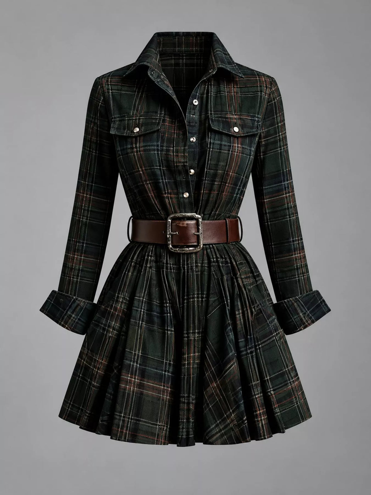 Plaid Long-Sleeve Shirt Dress - Dark Green (with Belt) - View 13