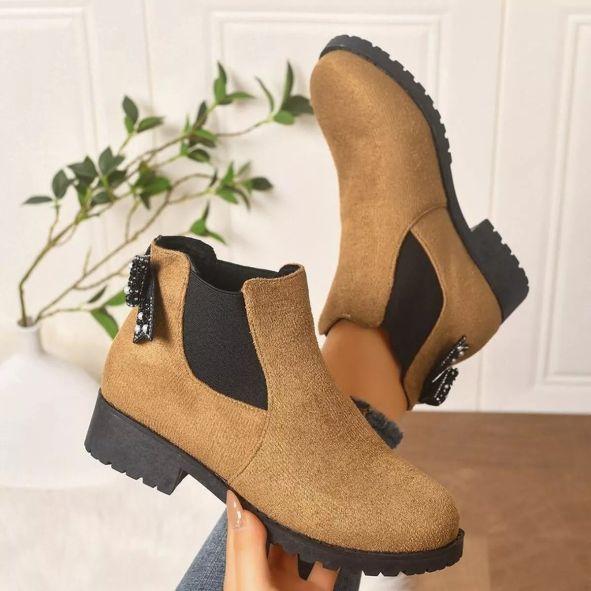 Round Toe Block Heels Boots - Tan - View 8