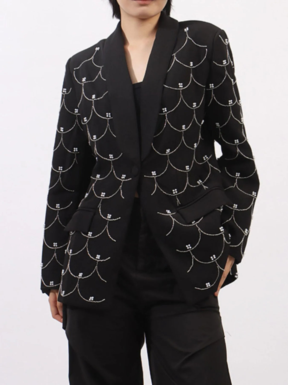 Pearl Detail Long Sleeve Blazer - Black - View 1