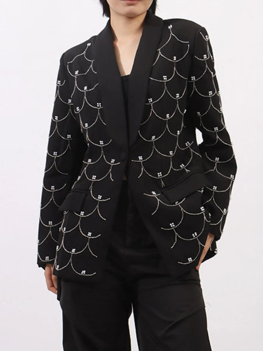 Pearl Detail Long Sleeve Blazer - Black - View 1