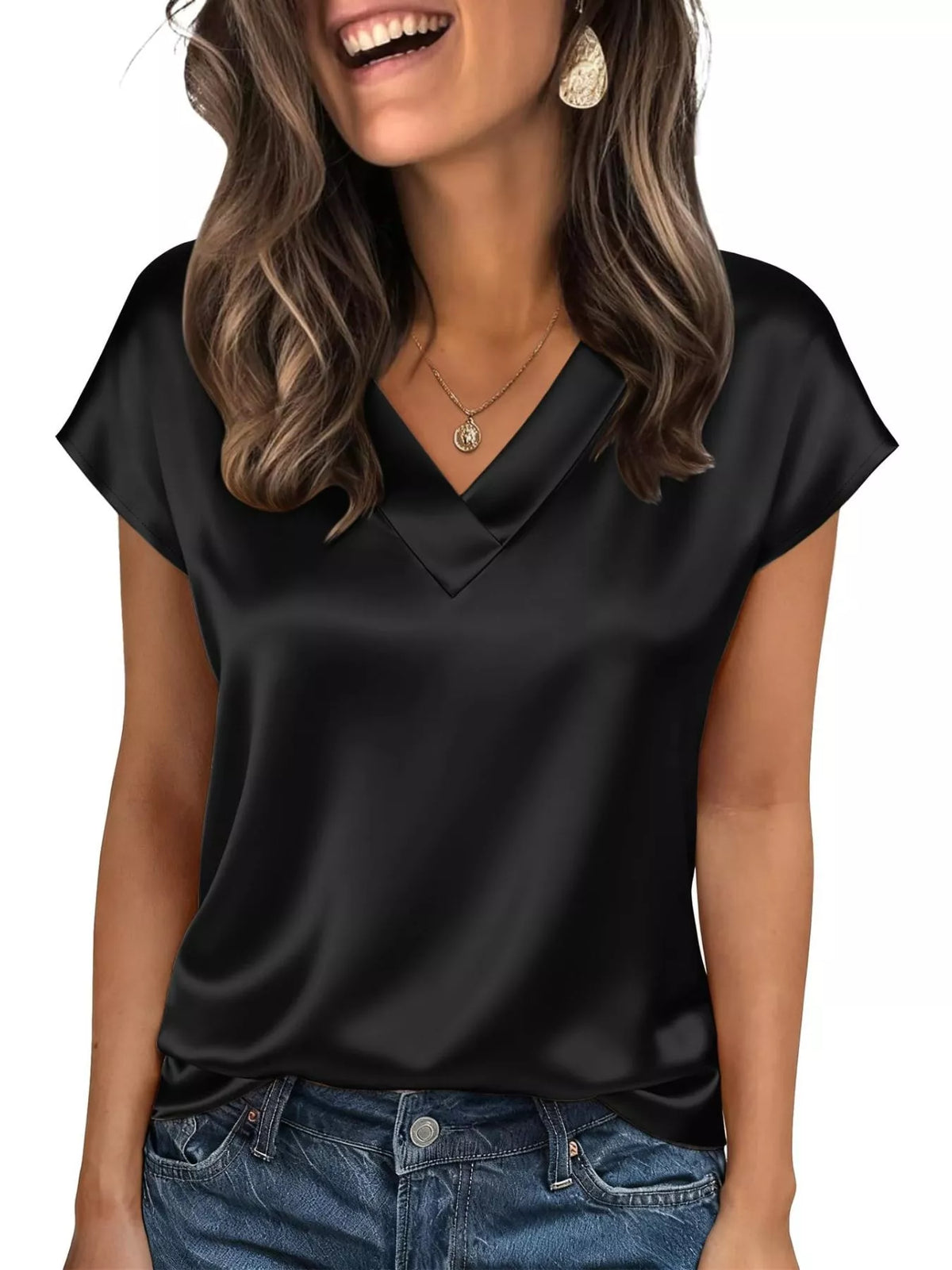 Satin V-Neck Cap Sleeve Blouse - Black - View 17