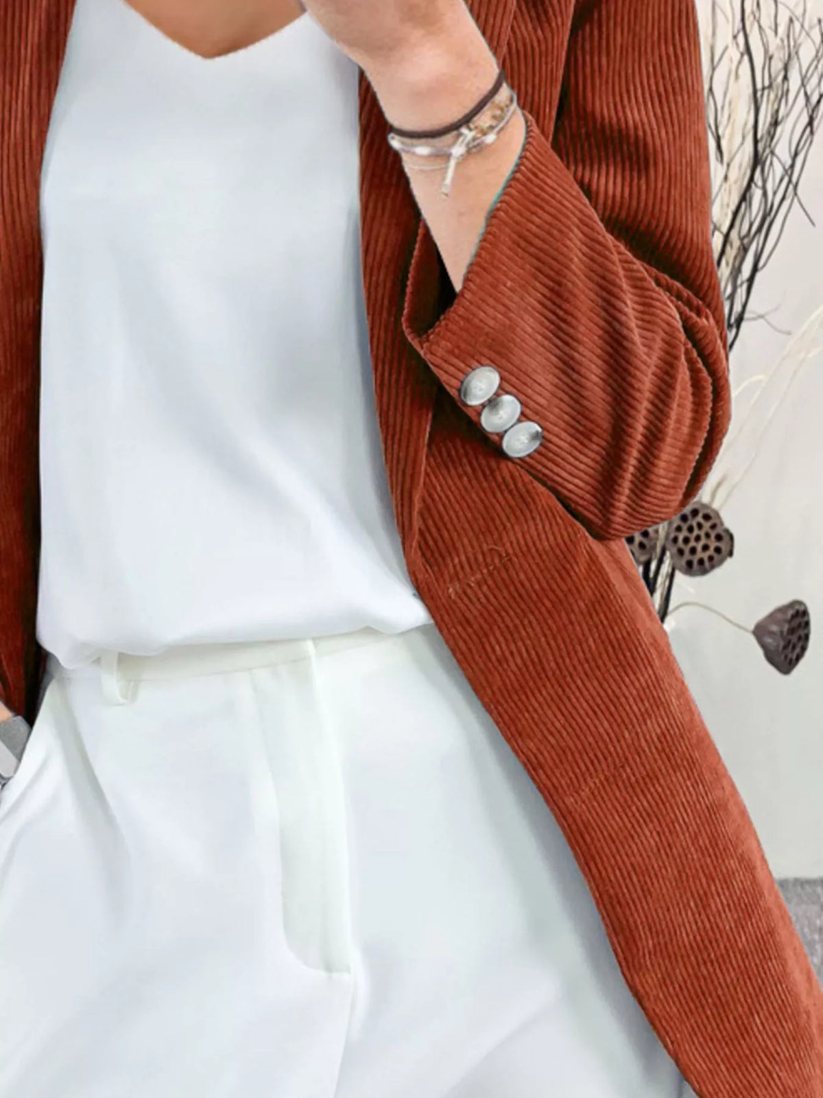 Corduroy Lapel Collar Casual Blazer - Caramel - View 9