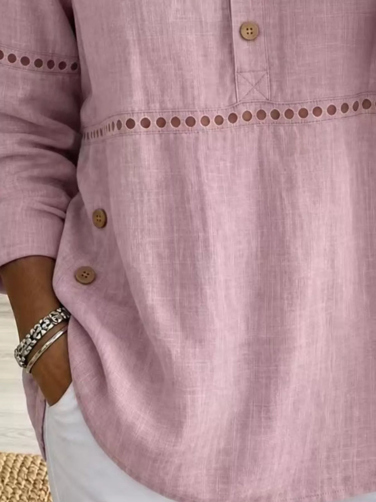 Full Size Button Detail Eyelet Long Sleeve Blouse Plus Size - Pink - View 3