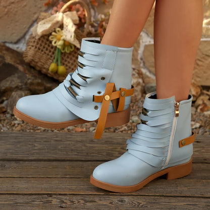 Strappy Buckle Ankle Boots - Blue - View 6