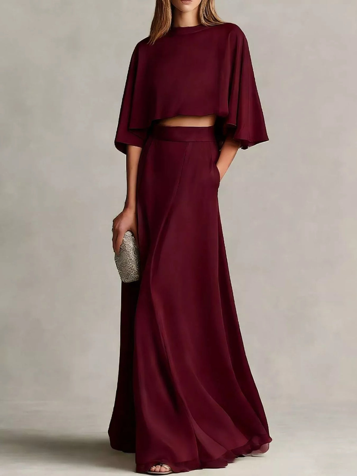 Full Size Satin Crop Top and Maxi Skirt Two-Piece Set Plus Size - Wine Red - View 1