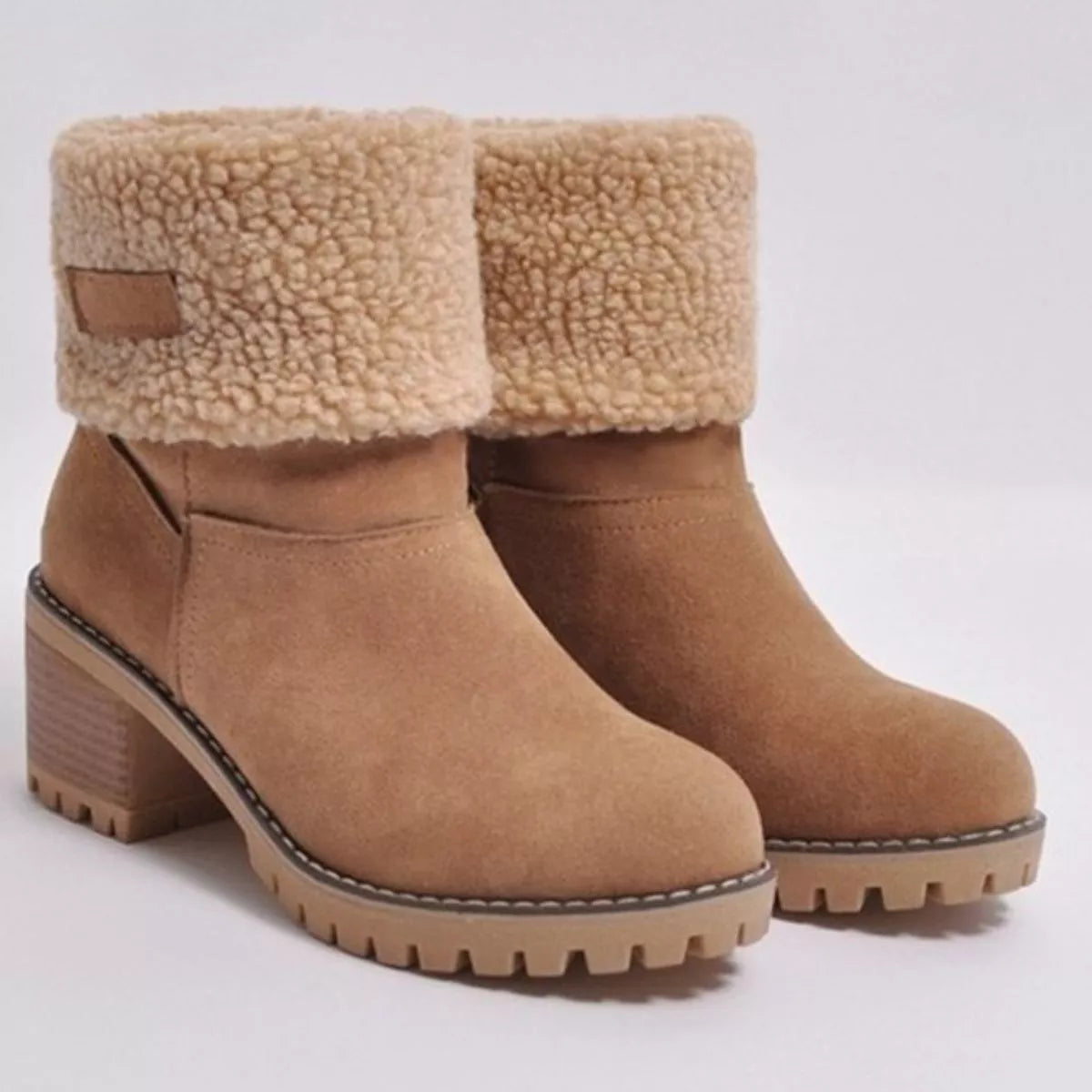 Round Toe Block Heels Boots - Khaki - View 12
