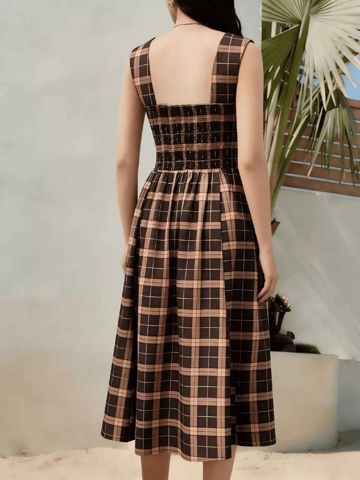 Square Neck Plaid Midi Dress - Brown - View 4