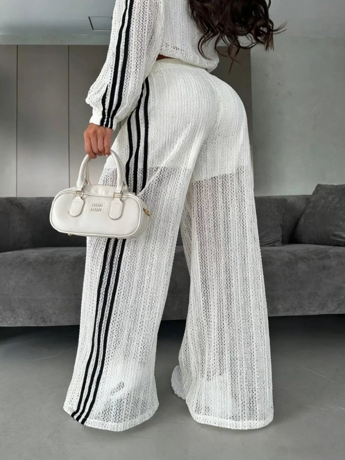 Side Stripes Zip Up Top and Pants Set - White - View 5