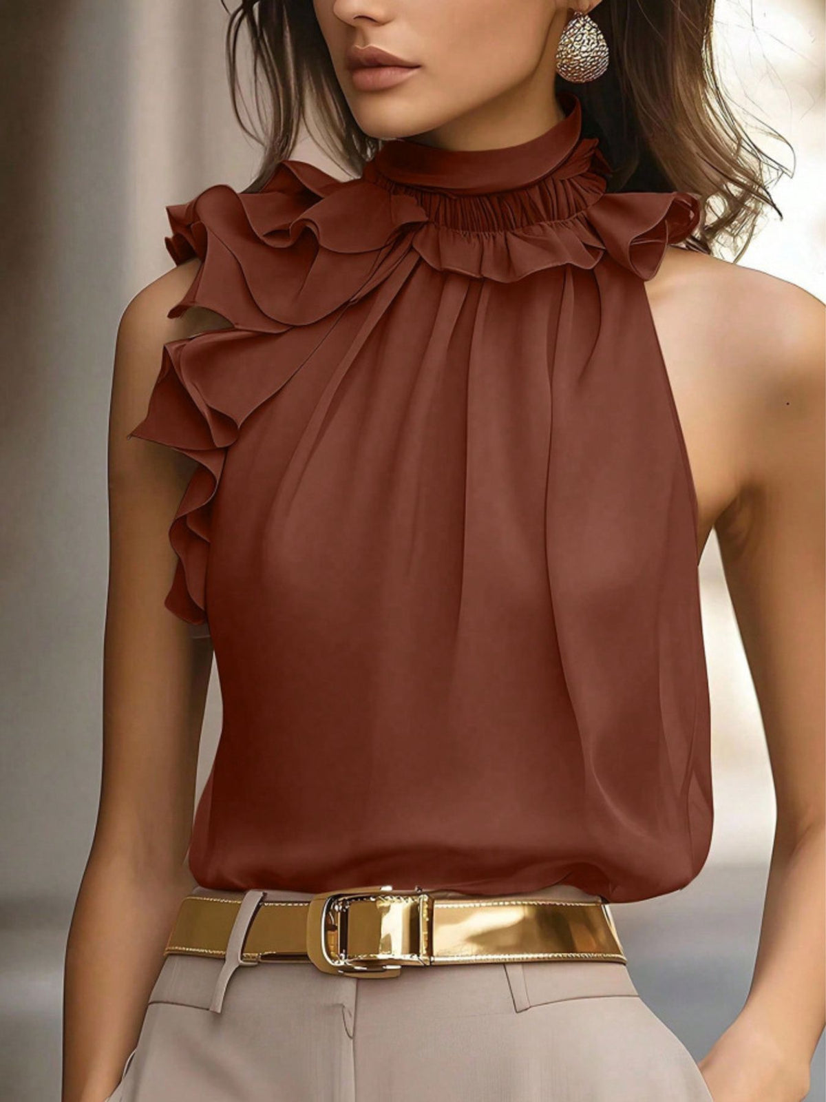 Ruffle High Neck Sleeveless Top - Brown - View 7