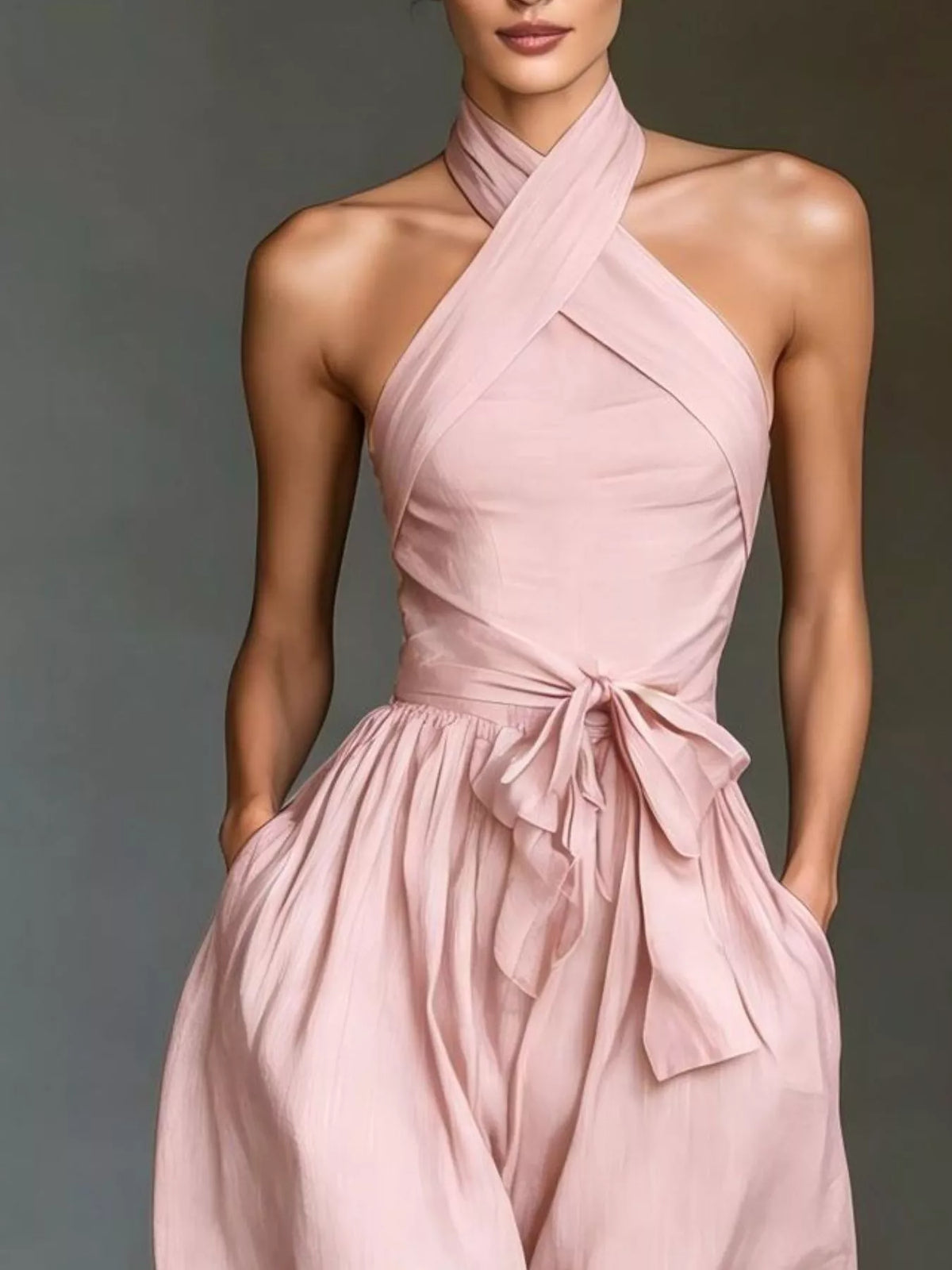 Halter Neck Wide-Leg Jumpsuit with Waist-Tie Detail - Pink - View 2