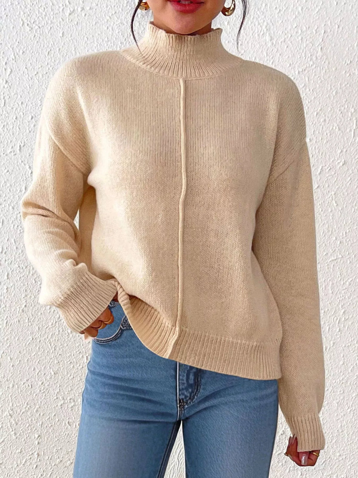Center Seam Detail Turtleneck Sweater - Khaki - View 1