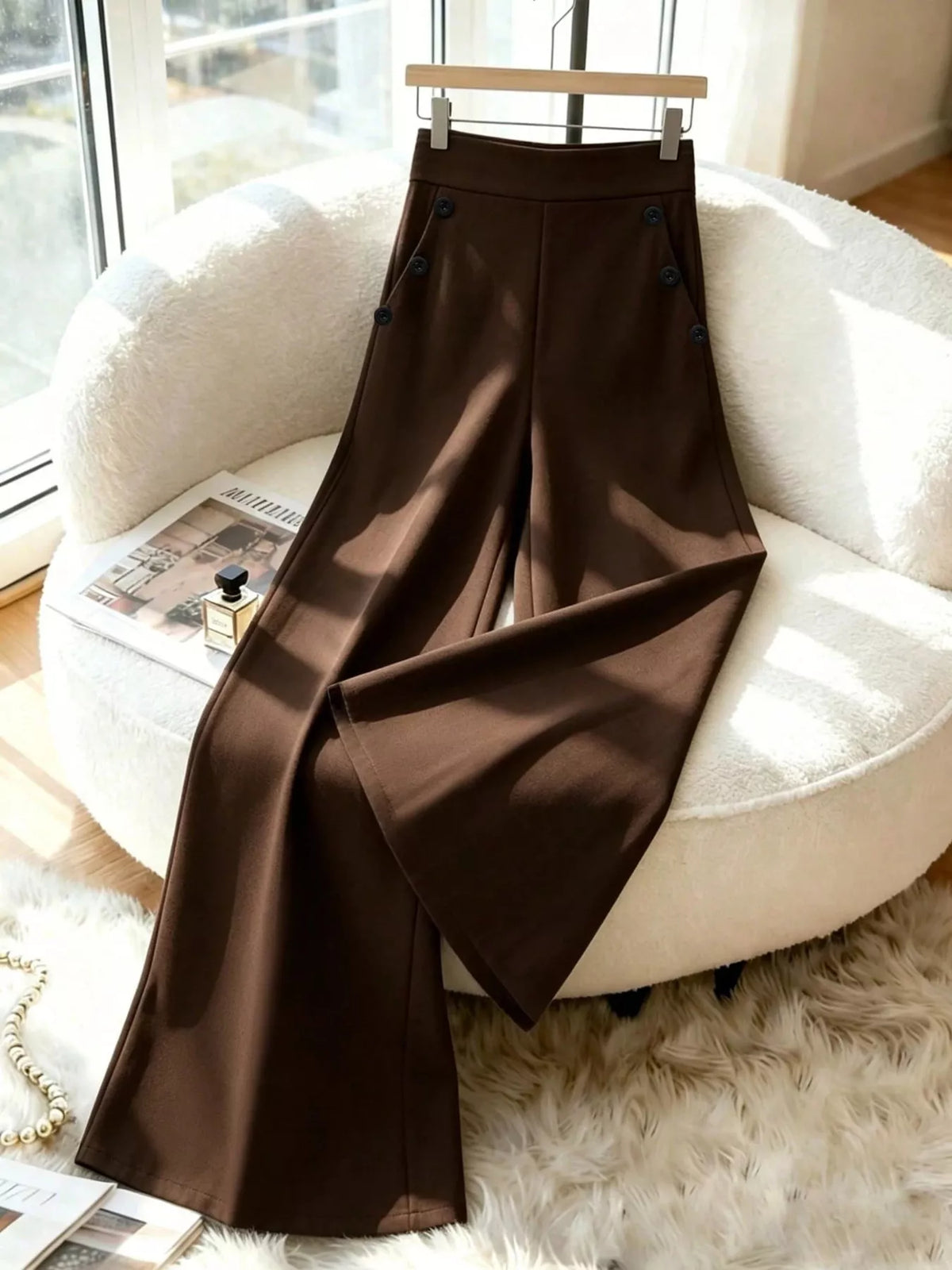 High-Waisted Wide-Leg Pants - Coffee Brown - View 10