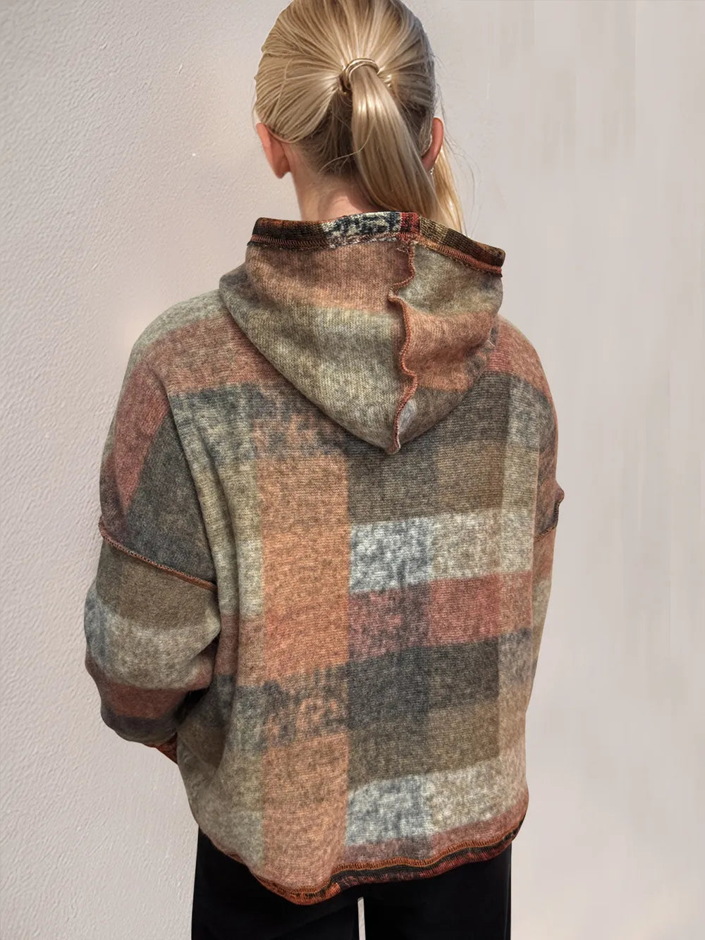 Double Take Full Size Plaid Dropped Shoulder Fleece Hoodie Plus Size - Tangerine - View 4