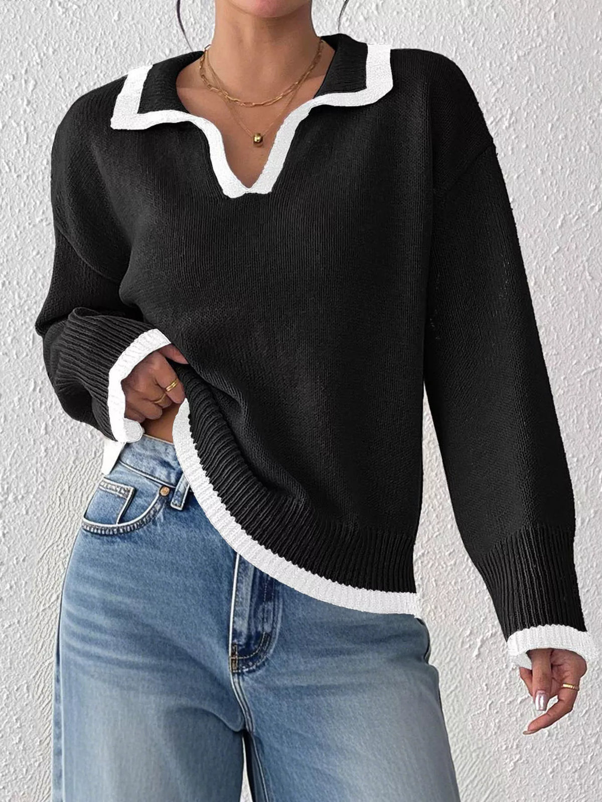 Contrast Trim Polo Collar Sweater - Black - View 4