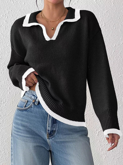 Contrast Trim Polo Collar Sweater - Black - View 4