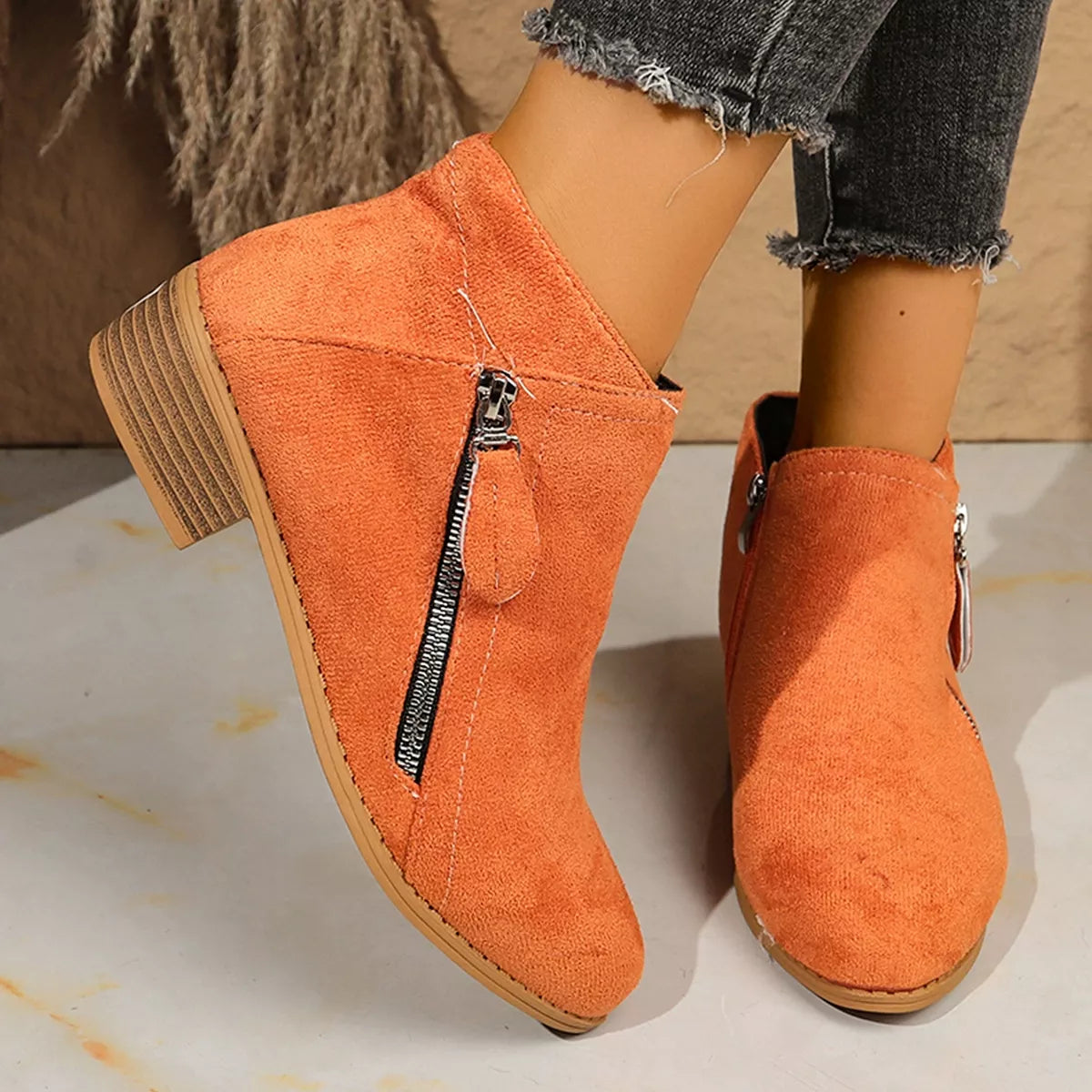Point Toe Block Heels Boots - Orange Red - View 15
