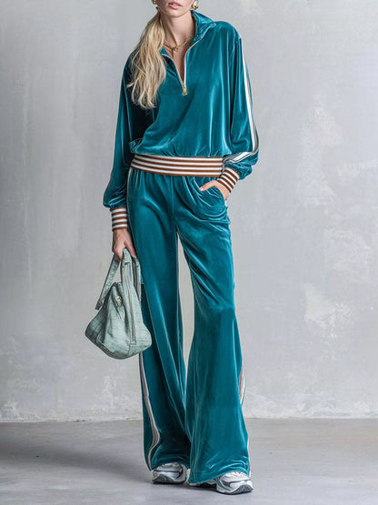 Striped Half Zip Top and Pants Set - French Blue - View 1
