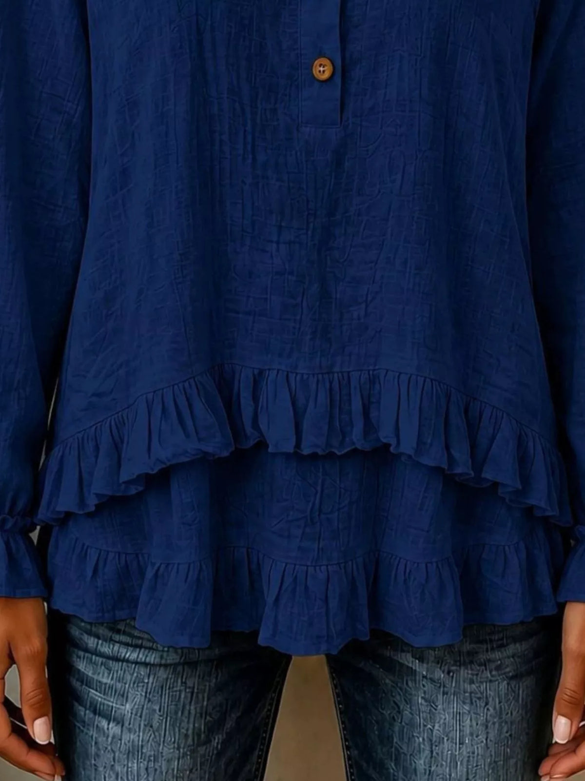 V-Neck Long Sleeve Button Detail Ruffled Hem Blouse - Navy - View 3
