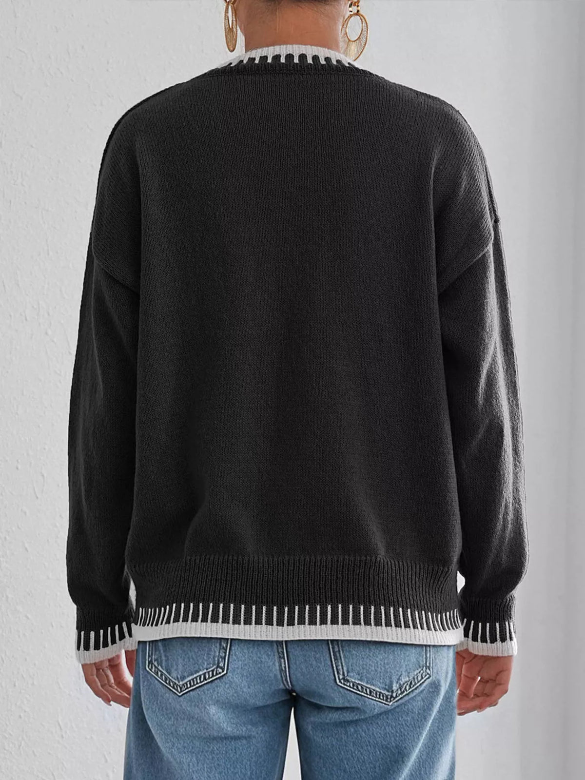 Contrast Trim Crew Neck Drop Shoulder Sweater - Black - View 6