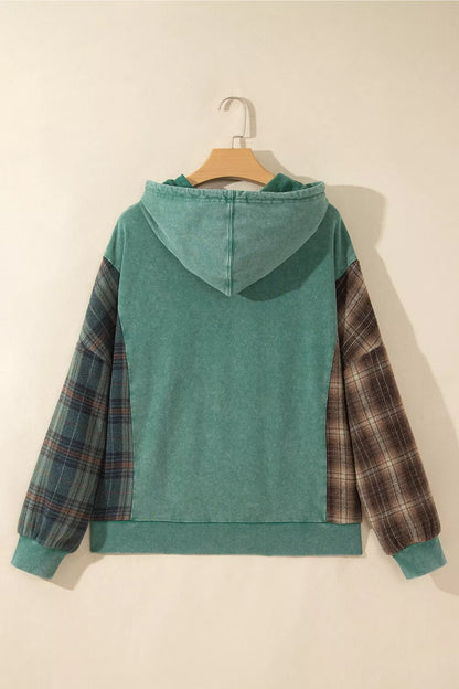 Plaid Kangaroo Pocket Hoodie - Sage - View 4