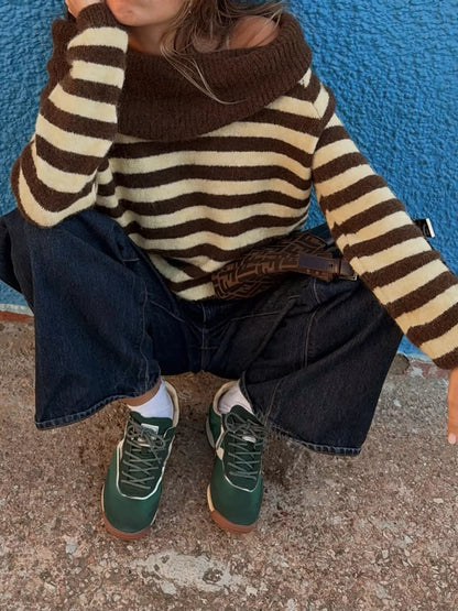 Off-Shoulder Striped Knit Top - Coffee Brown - View 5