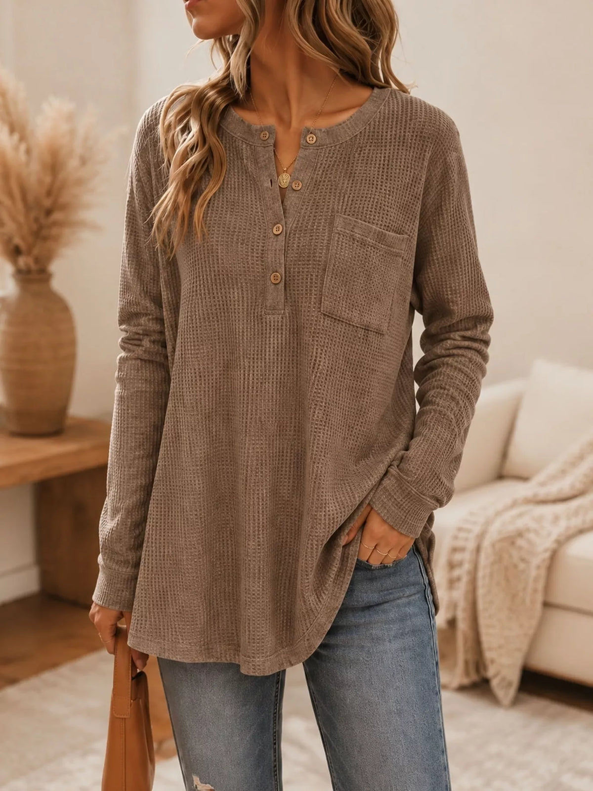 Waffle Knit Button Detail Top - Brown - View 1