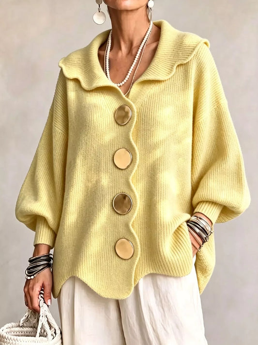Full Size Scalloped-Edge Button-Down Cardigan Plus Size - Pastel Yellow - View 1