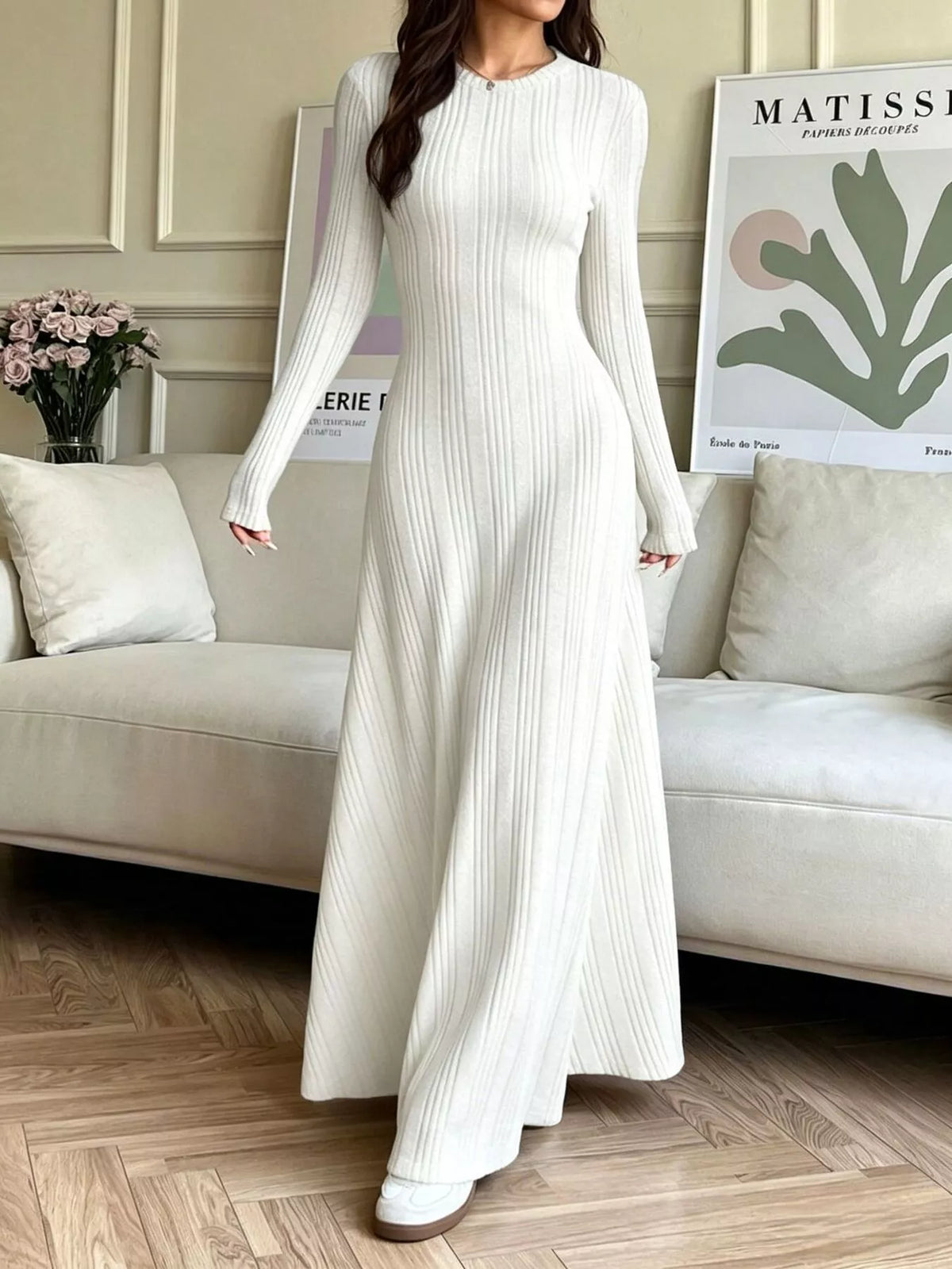 Long Sleeve Ribbed Knit Dress - White - View 1
