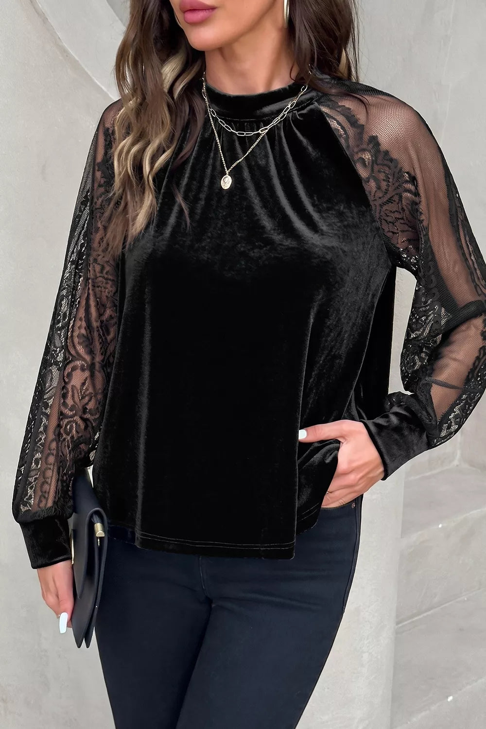 Solid Color Sheer Lace Long Sleeve Patchwork Stand Neck Velvet Blouse - Black - View 7