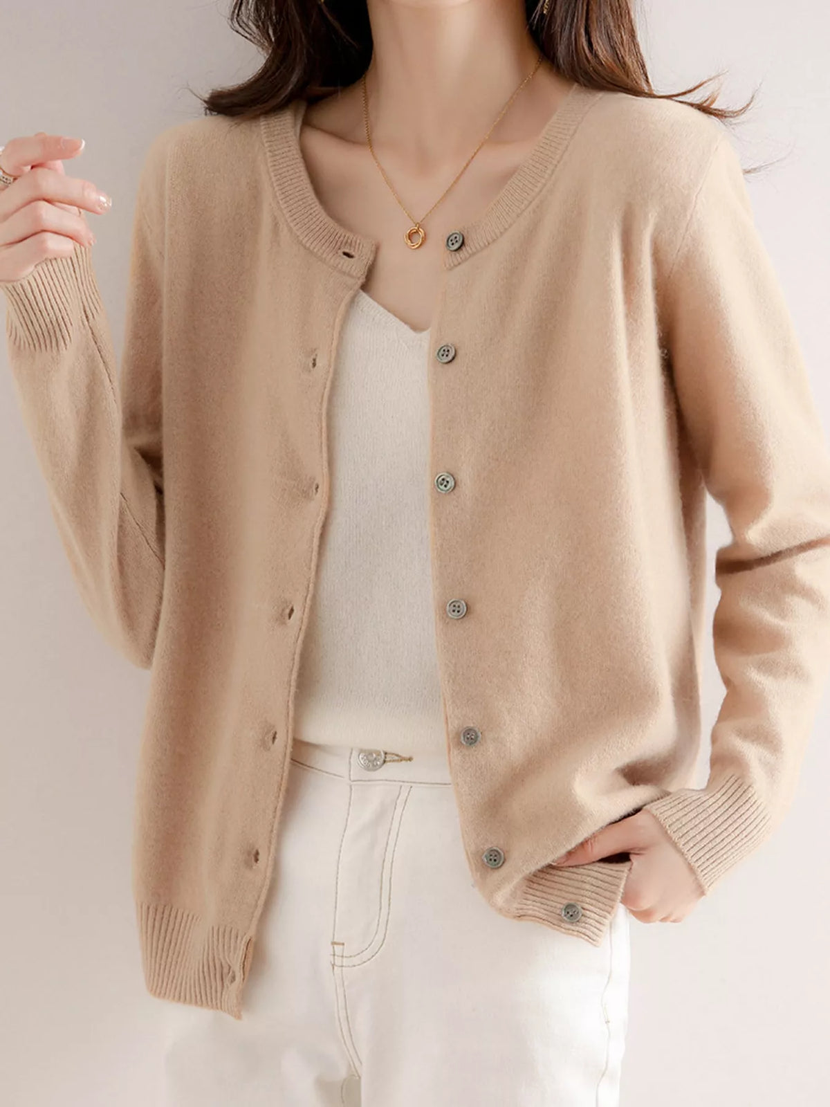Crew-Neck Button-Down Cardigan - Golden Tan - View 19