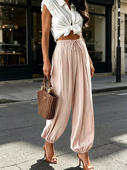 Drawstring Loose Fit Joggers - Dusty Pink - View 1