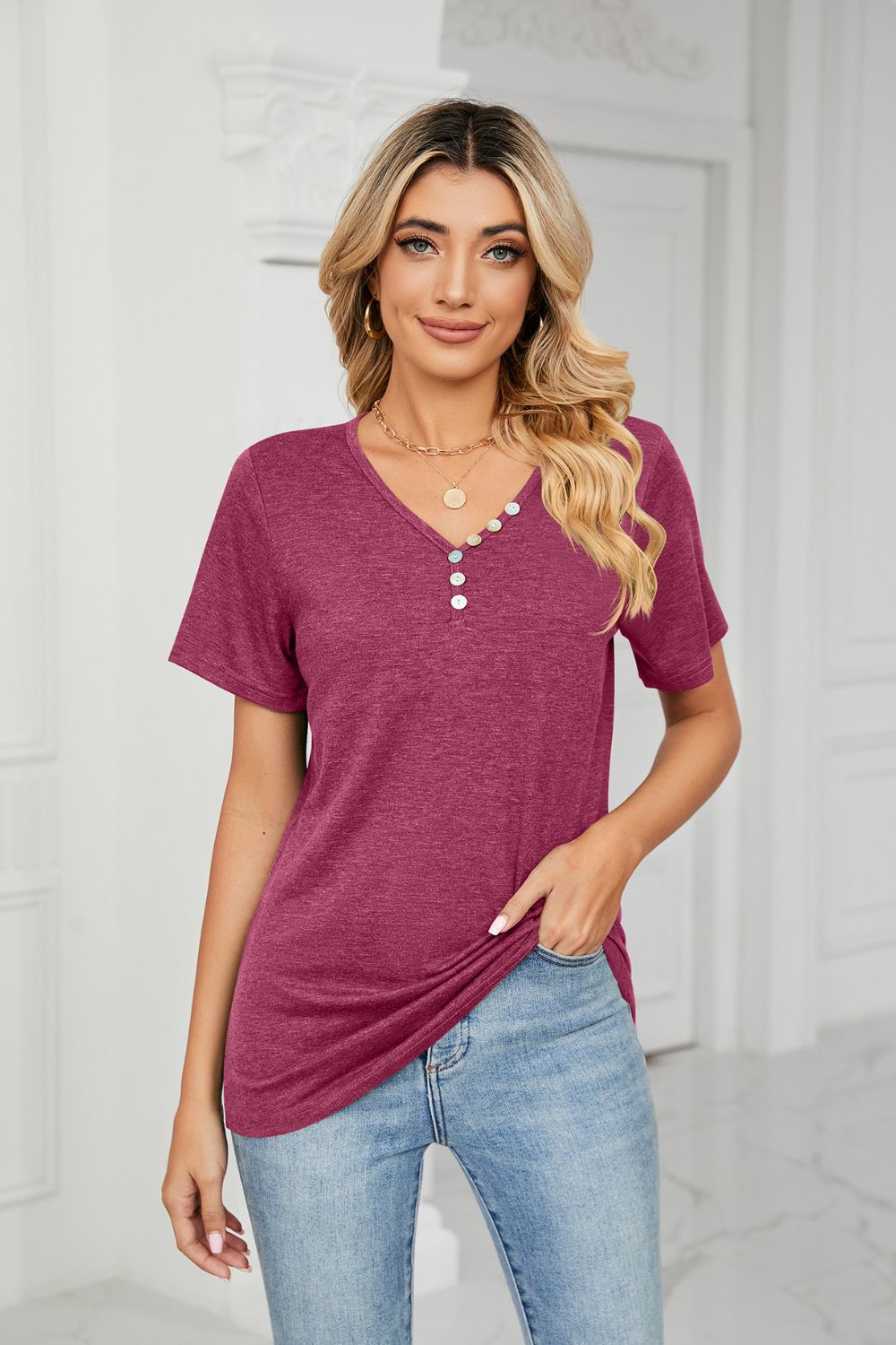 Decorative Button V-Neck T-Shirt - Cerise - View 7