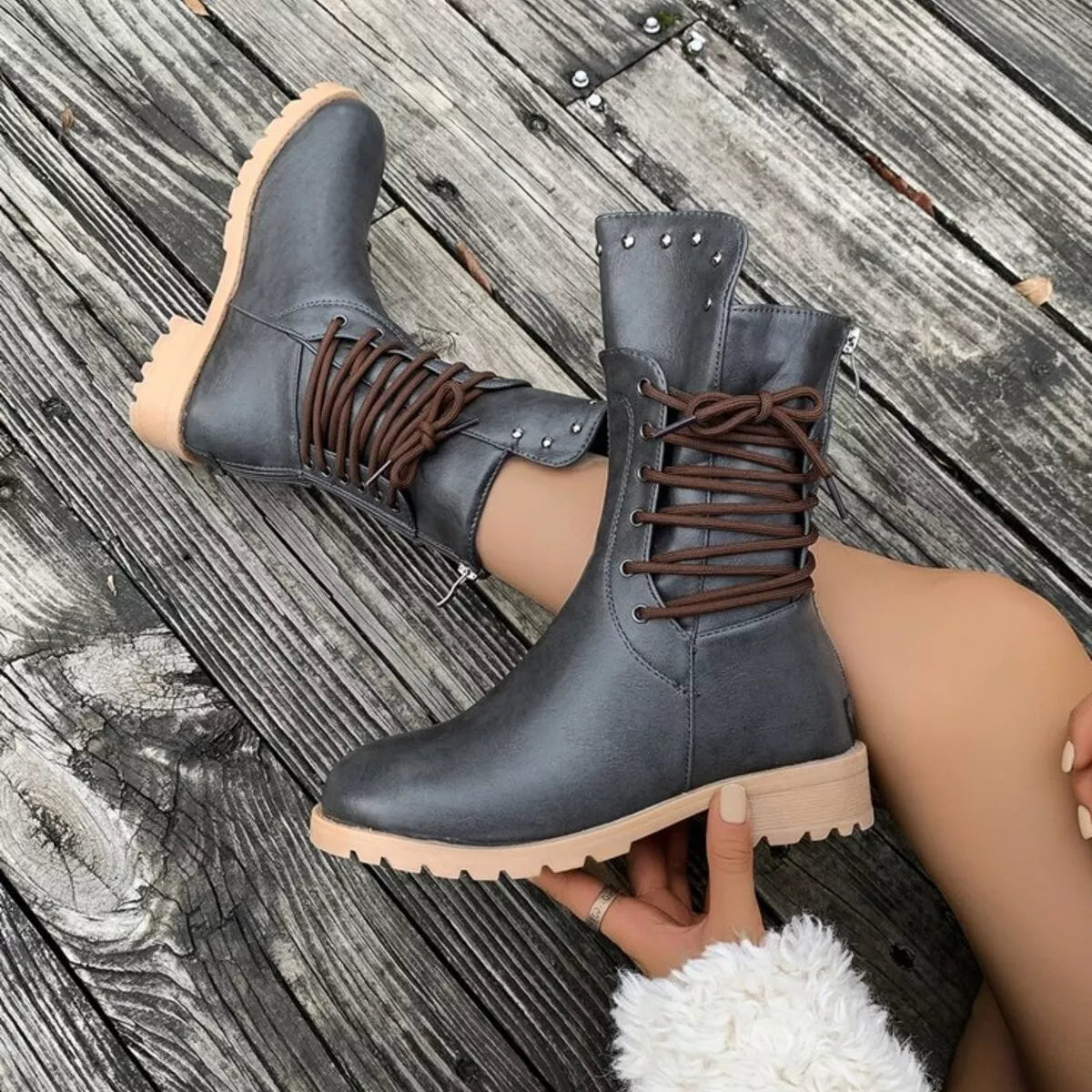 Lace Up Block Heels Boots - Dark Gray - View 8