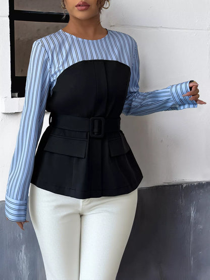 Striped Long Sleeve Blouse with Bow Tie - Blue - View 2