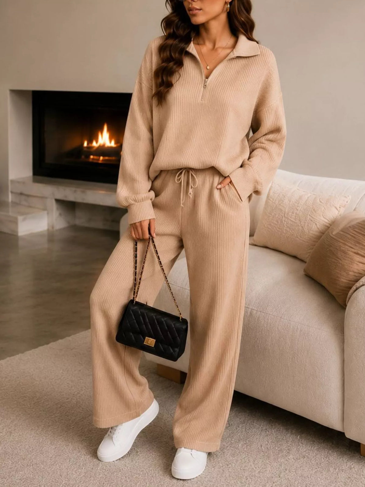 Ribbed Knit Quarter-Zip Top and Wide-Leg Pants Set - Tan - View 1