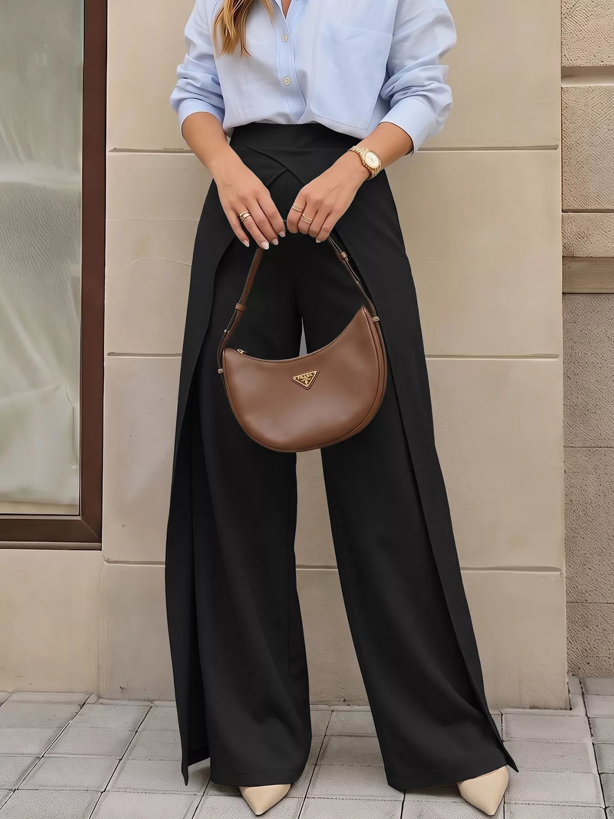 Wide-Leg Pants with Overlap Front Detail - Black - View 4
