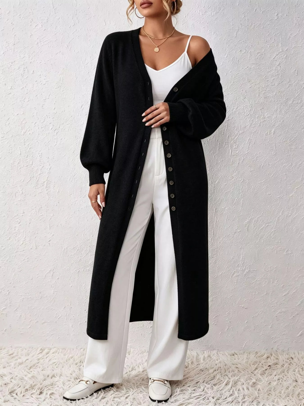 Button Front Long Sleeve Sweater Dress - Black - View 1