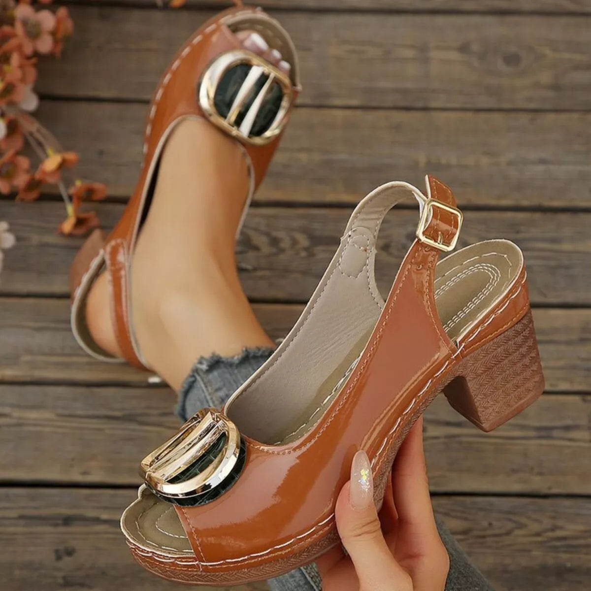 Peep Toe Block Heels Sandals - Brown - View 4