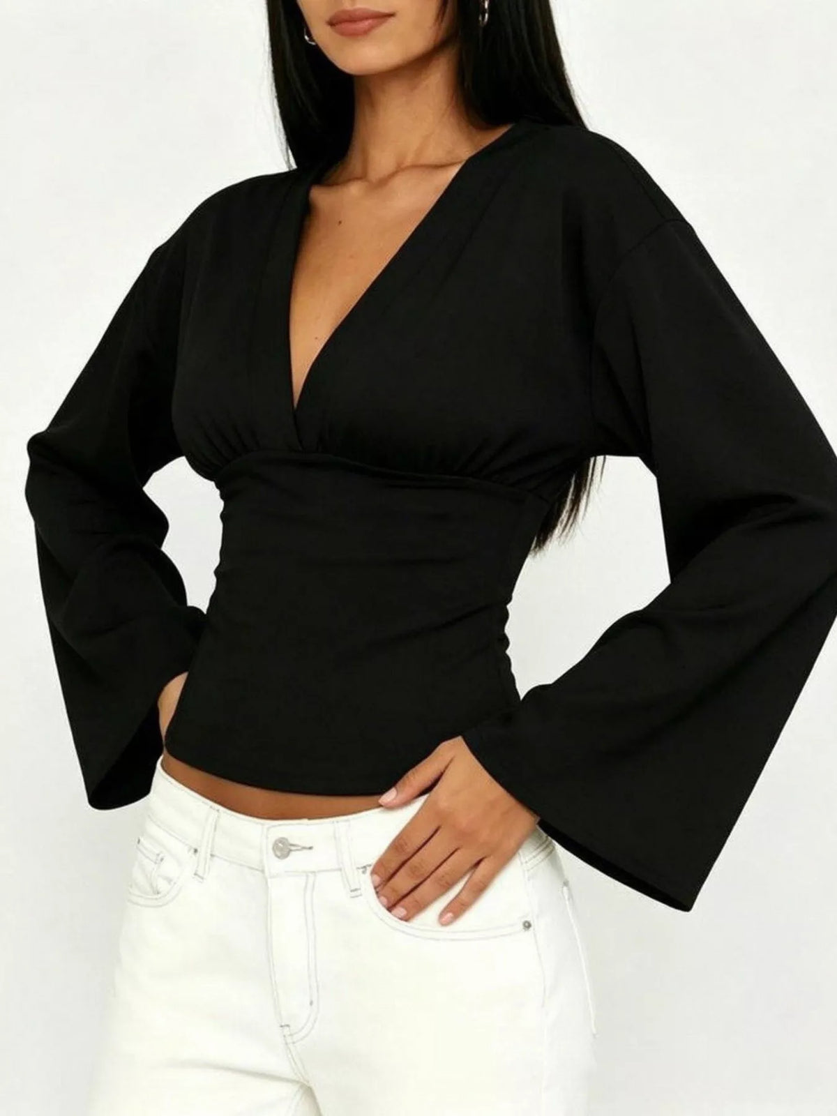 V-Neck Flare Sleeve Blouse - Black - View 2